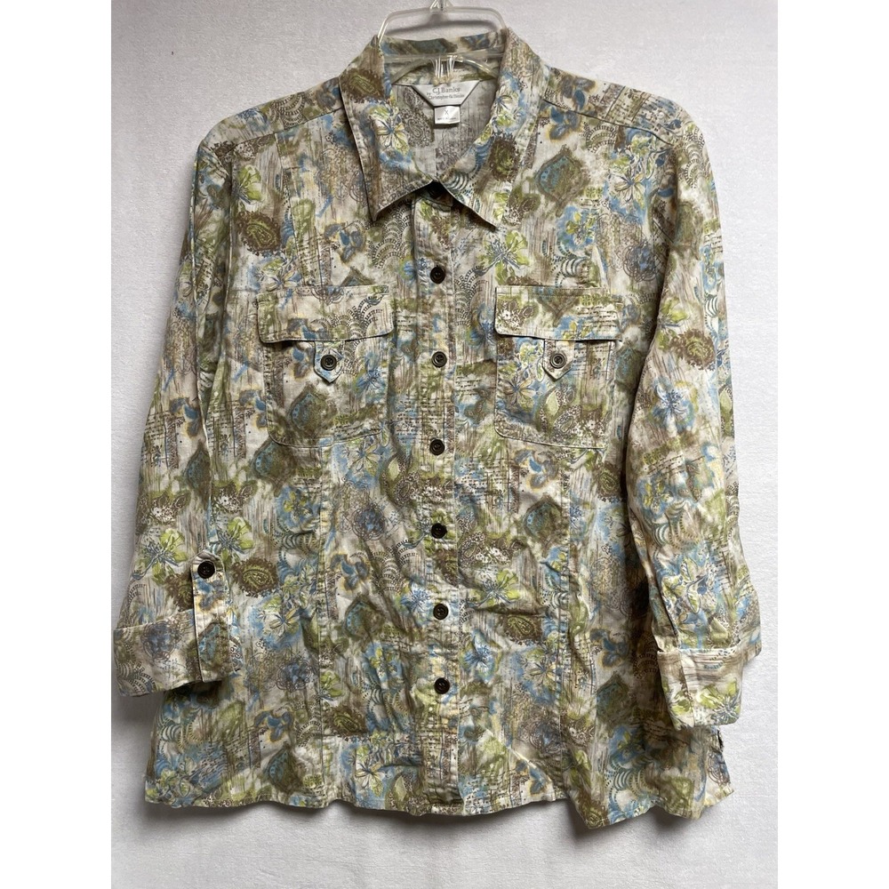 CJ Banks X Plus green Paisley Floral‎ Linen Long Sleeve Button Up womens shirt